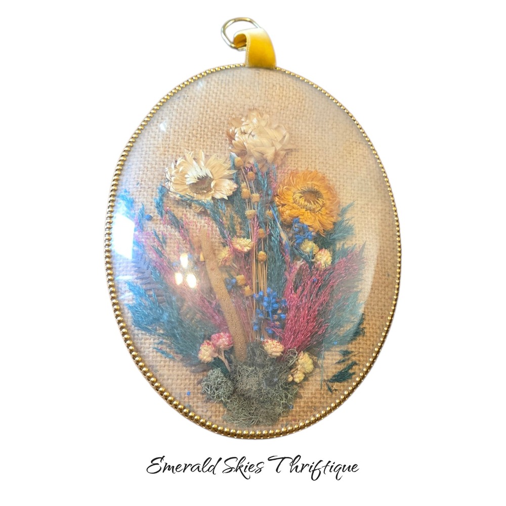 Vintage Cideart Dried Flower Bubble Convex Glass 7 x 9.5  Frame free ship